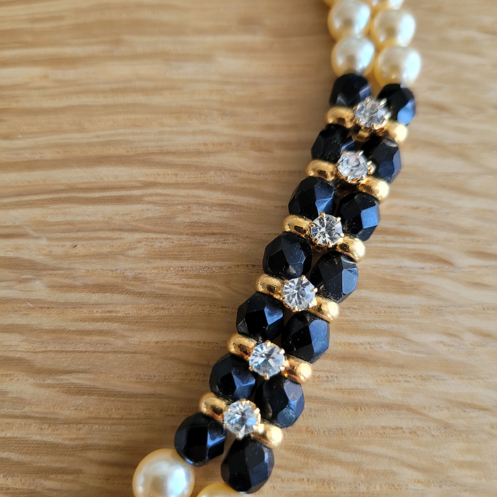 Double Strand Faux Pearl Necklace – Black & Gold – Elegant Statement Piece - Picture 2 of 6